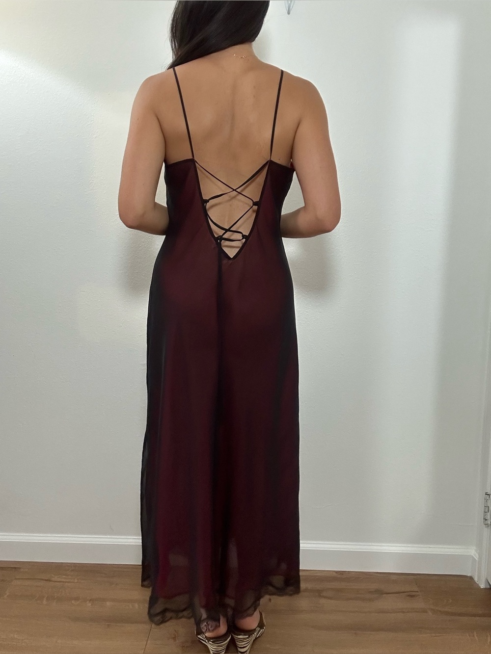 Vintage 90’s Sheer Lace Trim Lace Up Open Back Maxi Slip Dress Burgundy Black M - Picture 2 of 15